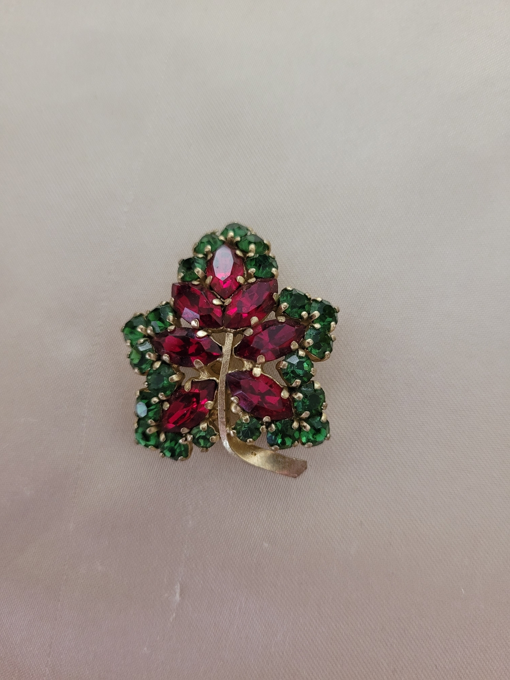 1950s-1060s Gold-Tone Red and Green Crystal Leaf Brooch